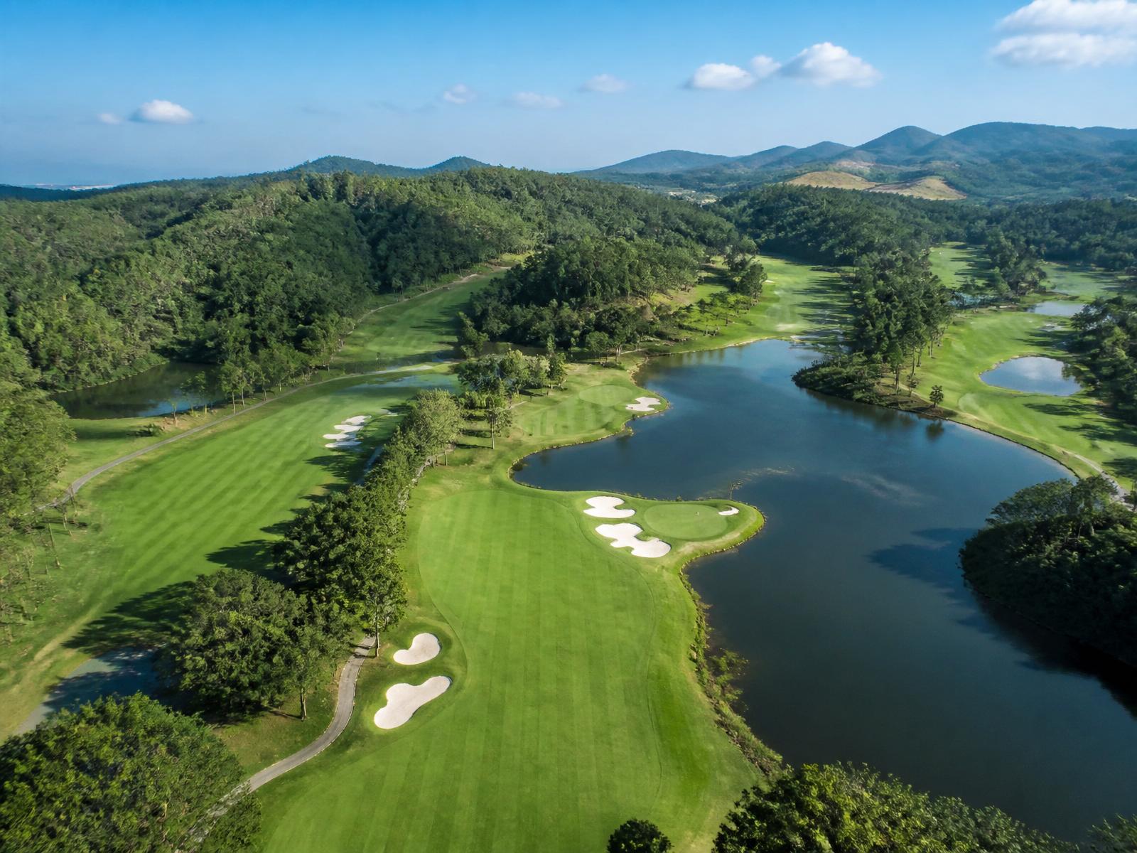 Aerial view of a public golf course fairway